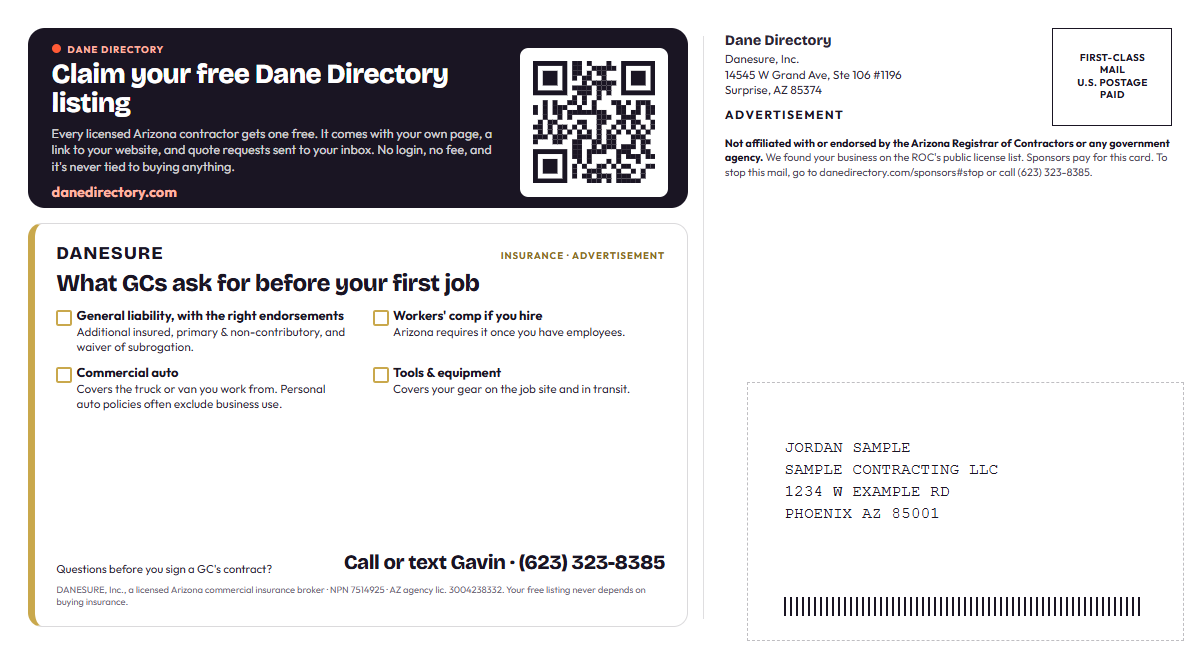 Card back: claim your free Dane Directory listing with a QR code, the DANESURE insurance panel, the return address and the address area.