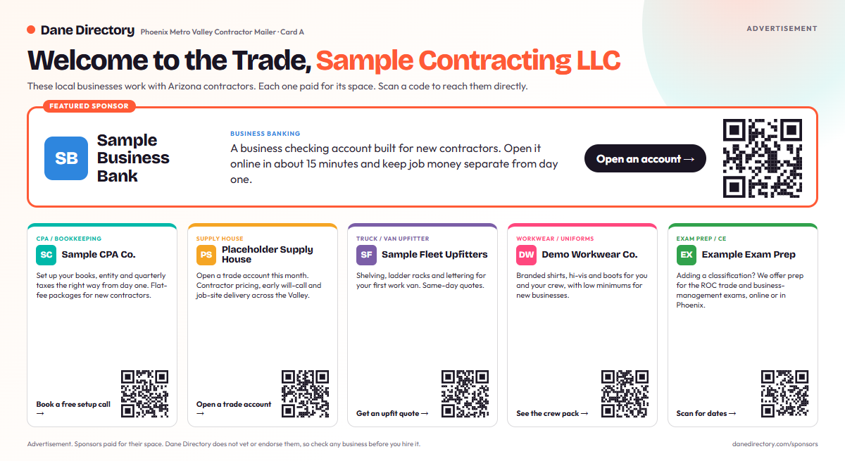 Front of the 6 by 11 inch postcard: 'Welcome to the Trade, Sample Contracting LLC', a featured sponsor under the welcome, and five sponsor tiles, each with a QR code. The sponsors shown are samples.